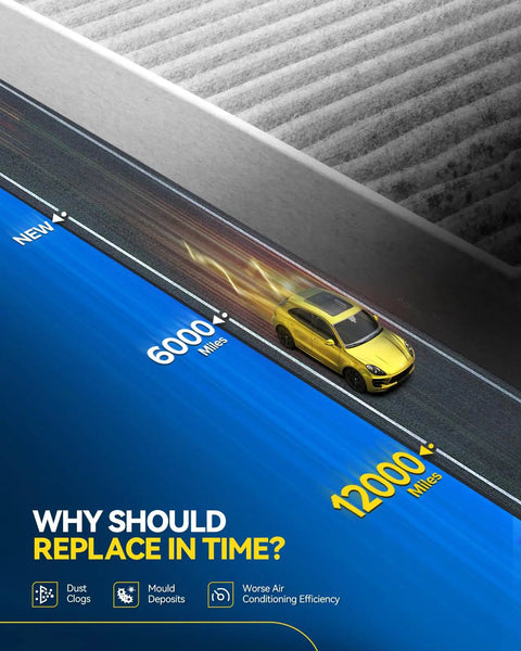 Visual comparison of air filter lifespan showing 6000 and 12000-mile intervals, emphasizing True HEPA Cabin Air Filter benefits.