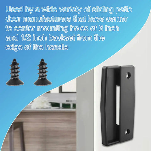 Two Pack Sliding Screen Door Pull Set For A111 Replacement, durable plastic handle and screws, on display with door view.