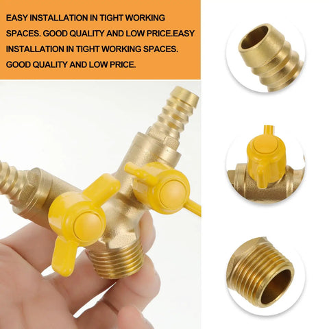 Heavy Duty Brass Y Type Gas Ball Valve With Solid Three Way Build And Dual Quick Hook Up Port Fittings For Dead Shut Off Seal Dependable Pipe Heater Regulation And Easy Twist Operation Daily, showing yellow control handles.
