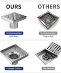 Comparison of Square Shower Drain 4 Inch Brushed 304 Stainless Steel Dual Filter with 201 Stainless Steel alternative.