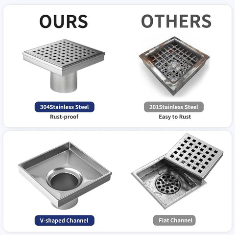 Comparison of Square Shower Drain 4 Inch Brushed 304 Stainless Steel Dual Filter with 201 Stainless Steel alternative.