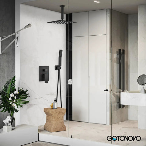 Top Shelf Matte Black Ceiling Mount Shower System With Rock Solid Brass Valve And Slick Handheld Sprayer Game Changing 12 Inch Ultra Thin Rain Head in modern bathroom.