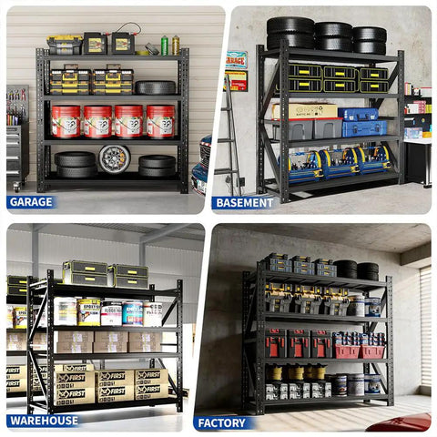 Built Like A Tank 4 Tier Heavy Duty Garage Shelving Unit Dang Sturdy 5000 Lbs Total Weight Capacity adjustable metal racks in garage, basement, warehouse, and factory.
