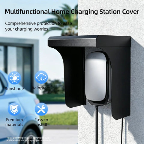 Heavy Duty Galvanized Steel EV Charger Rain Canopy Weatherproof Sun Shade protecting a charging station mounted on a wall.