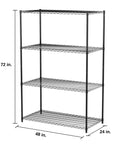 Heavy Duty Real Deal Adjustable Wire Shelving Rack With Seriously Tough 3200 Lb Capacity For Kitchen Garage And Laundry Setup Built Like A Tank Nsf Certified Black 48x24x72in side view with dimensions.