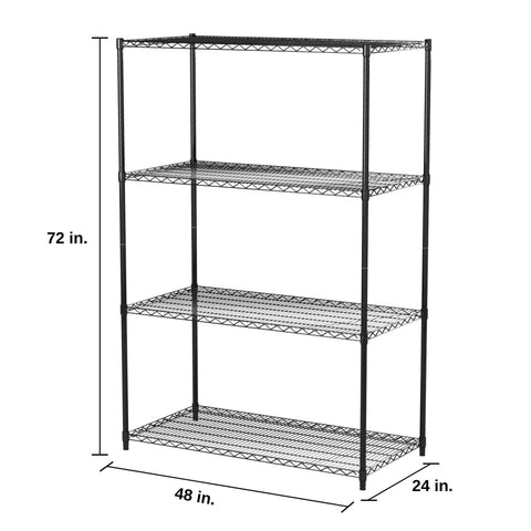 Heavy Duty Real Deal Adjustable Wire Shelving Rack With Seriously Tough 3200 Lb Capacity For Kitchen Garage And Laundry Setup Built Like A Tank Nsf Certified Black 48x24x72in side view with dimensions.