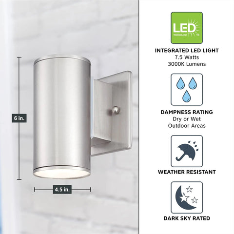 Sleek Six Inch LED Outdoor Wall Sconce For Front Door And Wraparound Porch Bringing Darn Bright Integrated Bulb Free Illumination In Smooth Satin Platinum mounted on a wall.