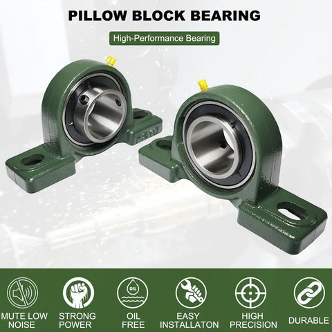 Two Pack Self Aligning Pillow Block Ball Bearings With Solid Cast Iron Base And Two Inch Bore, displaying high-performance design and precision.