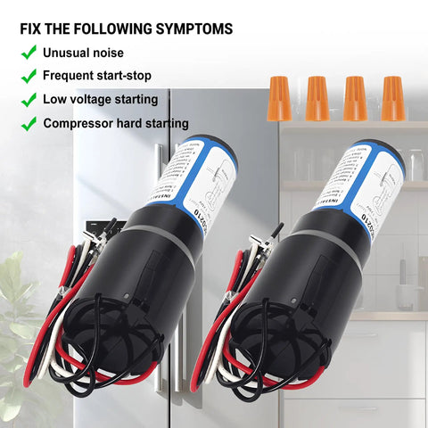 2 Pack Rco210 3 In 1 Hard Start Capacitor Kit For 1 3 To 1 2 Hp Systems with wires and labels for compressor start issues.