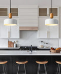 Modern Pendant Light With Natural Wood And Brass Accent, 12-Inch White Matte Shade, Adjustable Cord for Kitchen Island View