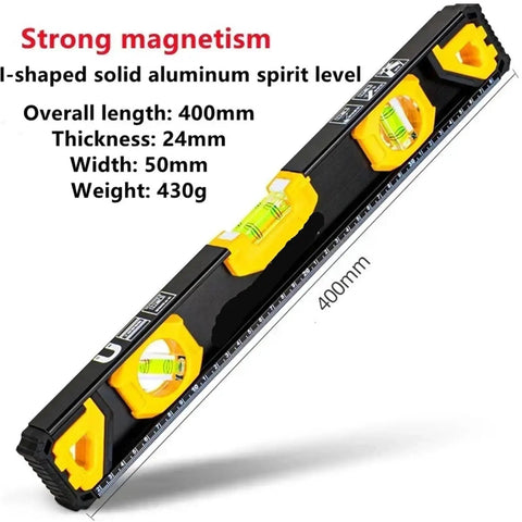 Heavy Duty Magnetic Leveling Bar With Precision Bubble Vials And A 400mm Straight Edge Ruler, showing strong magnet and spirit level.