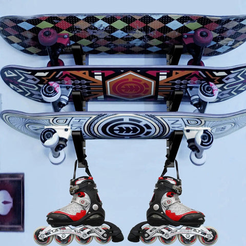 A Badass Skateboard Wall Mount Rack To Keep Your Boards Off The Floor With Adjustable Layers Grabbing Three Decks Securely Killer For Longboards Scooters And Skis Keeping Your Setup Fresh displaying three skateboards and rollerblades.
