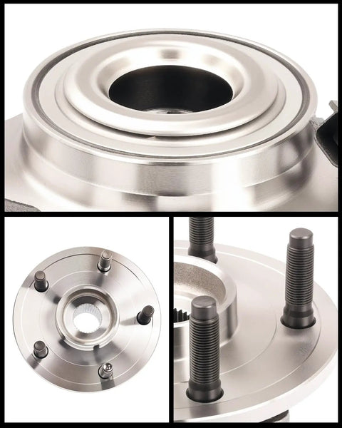 Plug And Play Front Wheel Bearing Hub Assembly With Slick Abs Wiring And Tough Five Lug Nuts For Dodge Ram 1500 Crew Cab Trucks showing top and side views.