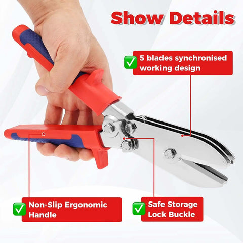 Five Blade Sheet Metal Bender with Pro Grade Rust Resistant Gutter Crimping Tool and Hand Crimper Anti Slip Ergonomic Grip in hand.