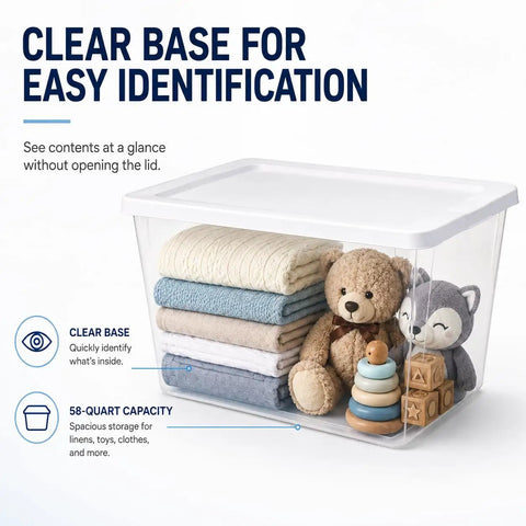 Super Spacious 58 Quart Clear Storage Bins With Easy Snap Lids Heavy Duty Stackable Plastic Organizer Boxes For Closet And Pantry Total Game Changer Vibe with toys and blankets neatly arranged inside.