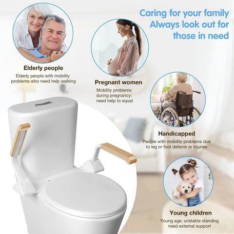 Rock Solid Heavy Duty Foldable Toilet Safety Rails For Seniors With Comfort Grip Armrests Handicap Bathroom Assist Bars Up To Five Hundred Twenty Lbs Easy Peasy Setup shown assisting various users like seniors and pregnant women.