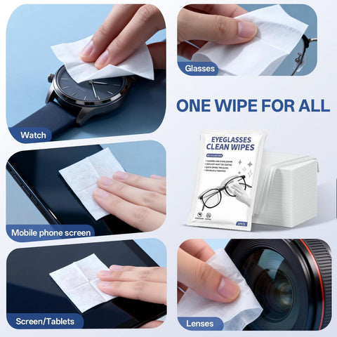 Lens wipes for glasses and camera lenses; individually wrapped, pre-moistened, streak-free