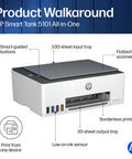 HP Smart Tank 5101 All-in-One printer with 100-sheet input tray, flatbed scanner, 30-sheet output tray, low-ink sensor.