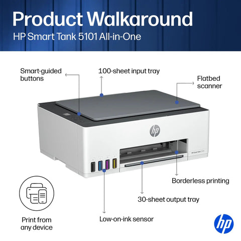 HP Smart Tank 5101 All-in-One printer with 100-sheet input tray, flatbed scanner, 30-sheet output tray, low-ink sensor.
