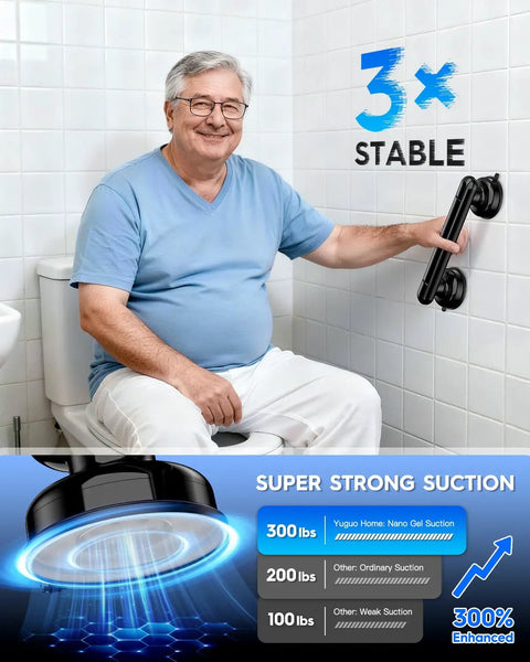 Premium Upgraded Rock Solid Two Pack Shower Grab Bars For Bathroom Wall, Heavy Duty Non Slip Suction Handles With Zero Drilling Nonsense, Game Changing Senior Safety Assist Grips, Reusable Black White Set, man using grab bar in bathroom.
