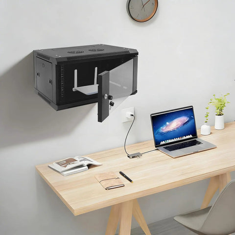 Top Shelf Heavy Duty Wall Mount Server Cabinet Bad Boy Network Rack With Lockable Tempered Glass Door mounted next to a desk.