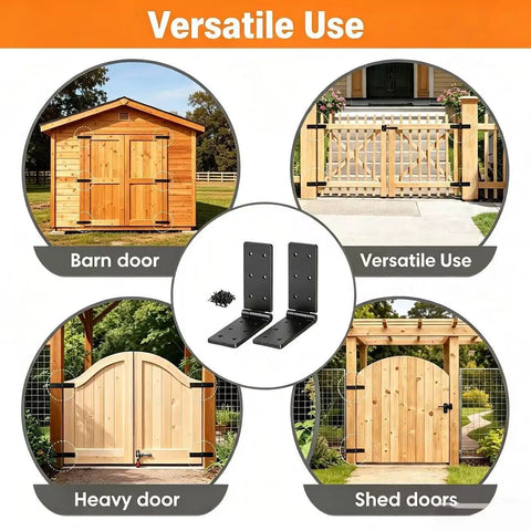 Rugged Heavy Duty Gate Hinges Delivering A Rock Solid 270 Degree Full Pivot Swing For Wood Fence And Barn Doors shown on various doors.