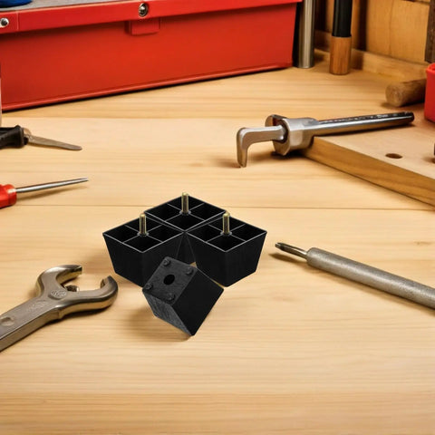 8Pcs Adjustable Square Sofa Feet With Threaded Leveling Pads for Benches and Couches on a wooden workbench