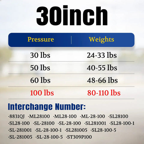 Heavy Duty Gas Struts For Tru, 30 inch pressure and weight guide for various capacity ratings.