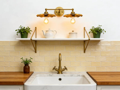 Two Light Industrial Metal Wall Sconces With Antique Brass Flower Ripple Shade above kitchen sink and shelf