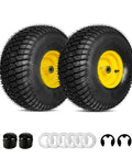 Heavy Duty Two Pack Front Tire And Wheel Assembly For Lawn Mower with black tires and yellow wheels, 15x6.00-6 size.