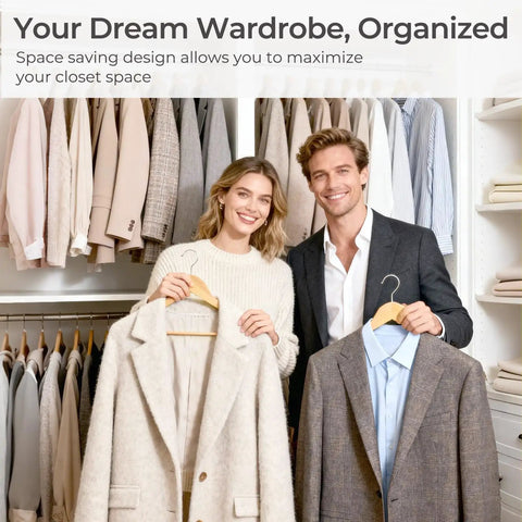 Couple organizing clothes with Ten Pack Heavy Duty Solid Birch Wood Coat Hangers With 360 Degree Swivel Hooks And Pant Bar