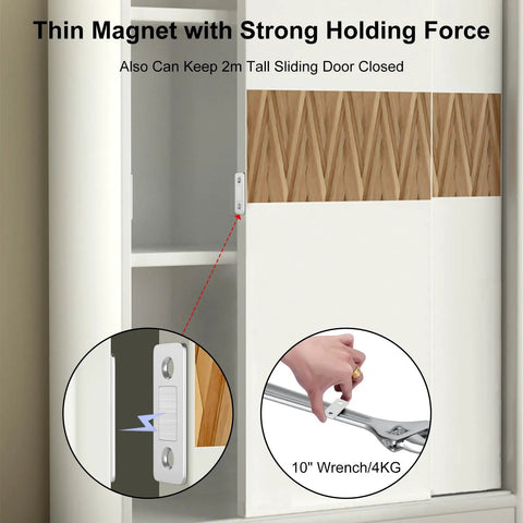 Super Thin Self Adhesive Magnets To Keep Drawer Closed, 20 Pack Ultra Slim Magnetic Closures For Kitchen Cabinet And Wardrobe, Hella Strong 10 Lbs Pull Power Sticky Back Locks With Clean Invisible Finish That Works Perfect, showcasing thin magnet with strong holding force on a sliding door.