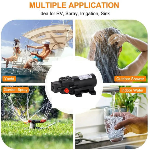 12V DC Water Pump For RV And Boat, 1.2 GPM Diaphragm Pump showing applications including outdoor shower and garden spray