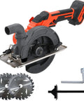 Compact Brushless Circular Saw Kit With Dual Six Inch Blades And Rip Guide, featuring motor, blades, and tool accessories.