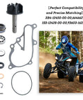 Heavy Duty Water Pump Service Kit Slick Impeller And Bearing Set With Premium Oil Seals And Gaskets For Yamaha Raptor 700 YFM700R parts laid out with a rider on a quad.