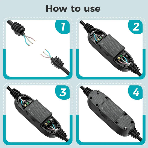 Step-by-step guide for installing Auto Reset GFCI Plug 15 Amp Ground Fault Protector for outdoor power tools.