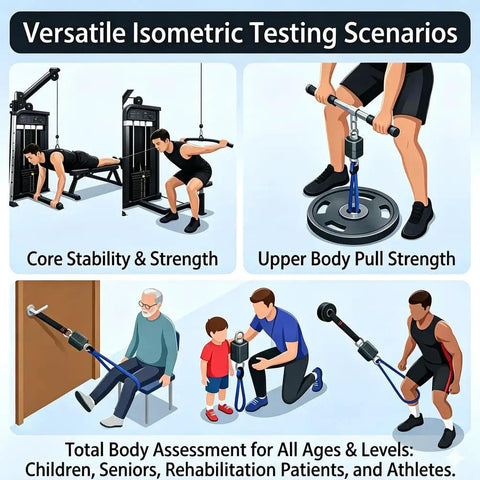 Versatile Isometric Testing Scenarios showcasing Heavy Duty Digital Force Gauge And Push Pull Tester With Bluetooth App Sync delivering 500 kilograms.