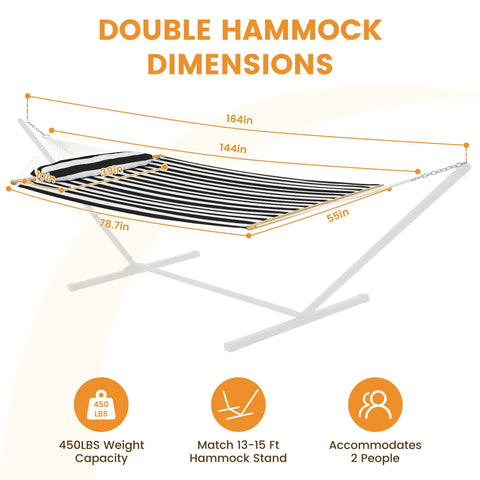 12Ft Quilted Double Hammock With Spreader Bars And Detachable Pillow For Two People, Outdoor Patio Poolside Backyard Chill, 450 Lb Capacity, Black White