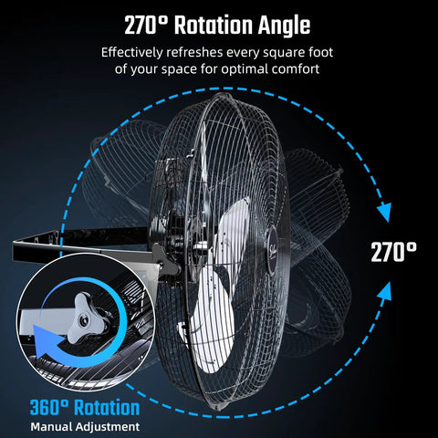 Industrial 20 Inch Wall Mount Fan With 3 Speed Heavy Duty Metal Build High Velocity Air Circulator Tilts 360 Degrees illustration