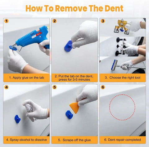 Step-by-step guide for using Professional Paintless Dent Repair Kit For Car And Truck Use Adjustable Dent Puller.