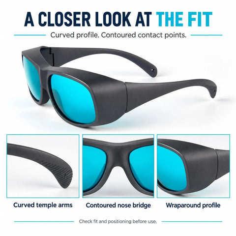 Premium Red Laser Blocking Safety Glasses For Kick Ass Eye Protection During 620 To 700Nm Red Light Therapy With OD6 Plus Optical Density showcases curved fit and contoured design.