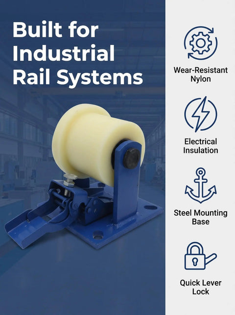 Heavy Duty Nylon Track Wheel With Trapezoidal Caster Pulley For Mining Railway And Subway Train Cart Featuring Twenty Millimeter Belt Groove And Built Tough Takes A Beating Smooth Rolling Design Measuring Five Point Nine Inches Wide, showing a nylon wheel with steel mounting.