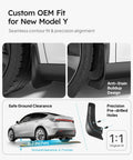 Tesla Model Y Juniper Mud Flaps No Drilling, Thicker All Weather Guards Set Of 4, OEM Fit, shown installed with OEM alignment