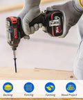 Person using a drill with No 10 Deck Screws, 2-1/2 Inch, Epoxy Coated Carbon Steel, Rust Resistant Black Finish for outdoor woodworking.
