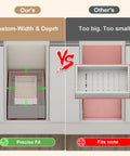 Comparison image of Total Game Changer Expandable Pull Out Cabinet Organizer showing precise fit vs too big or small.