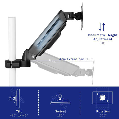 Smooth Operator Pneumatic Pole Mount Arm For 17 To 32 Inch Monitors side view showing adjustable arm extension and height settings.