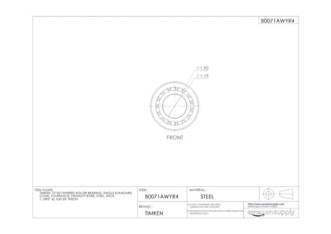 Heavy Duty Single Cone Tapered Roller Bearing In Solid Steel Featuring 1.1895 Inch Inner Diameter And 0.8125 Inch Width, front view diagram.