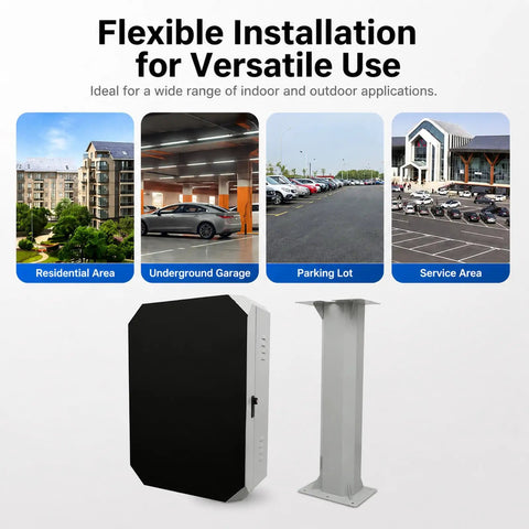 Heavy Duty Weatherproof Ev Charger Storage Box With Combination Lock Galvanized Steel in various installation settings for outdoor use.