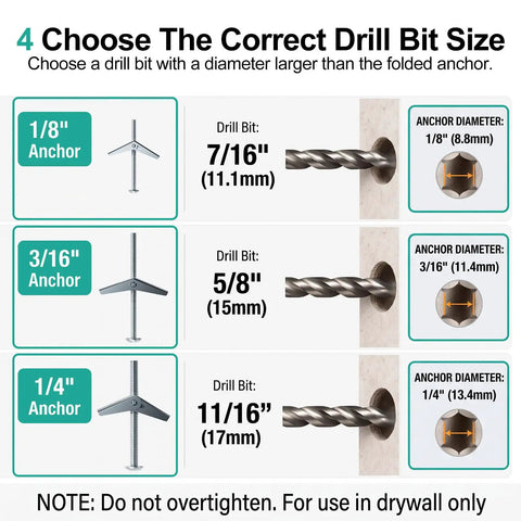 Image showing drill bit sizes for anchors: 1/8", 3/16", 1/4" with corresponding drill bit diameters for Badass Drywall Anchor Kit With Toggle Bolts And Screws Featuring A 28 Piece Three Size Assortment For Hollow Walls Offering Hella Strong Hanging Power And Hassle Free Setup Daily.