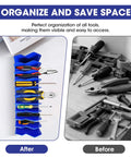2 Pack Pliers Organizer Rack With Nonslip Base, 10 Slot Drawer Plier Tray holding various hand tools in blue extendable holder.